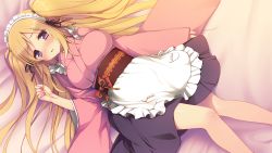 Rule 34 | 1girl, aisare roommate, bed, blonde hair, blush, breasts, embarrassed, fumii, game cg, hair ribbon, japanese clothes, knees apart feet together, large breasts, legs, long hair, looking at viewer, lying, maid, maid headdress, purple eyes, ribbon, shidou aisha, solo, thighs, twintails, yu-ta