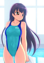 Rule 34 | 00s, 1girl, bare shoulders, black eyes, blush, breasts, brown eyes, competition swimsuit, kinugawa miyabi, long hair, looking back, one-piece swimsuit, parted lips, pool, purple hair, solo, standing, swimsuit, tessai, tetsudou musume, thigh gap, towel, window