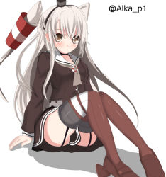 Rule 34 | 10s, 1girl, amatsukaze (kancolle), aruka (alka p1), blush, brown eyes, dress, garter straps, kantai collection, long hair, looking at viewer, personification, sailor dress, short dress, simple background, solo, thighhighs, twintails, twitter username, two side up, zettai ryouiki