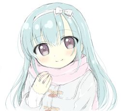 Rule 34 | 1girl, blue hair, blush, bow, brown eyes, closed mouth, coat, hair between eyes, hair bow, hairband, hand up, long hair, long sleeves, original, pink scarf, riria (happy strawberry), scarf, simple background, sleeves past wrists, smile, solo, white background, white bow, white coat, white hairband