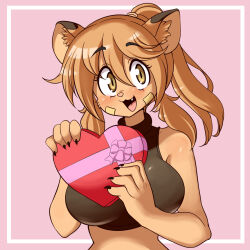 Rule 34 | 1girl, animal ears, blush, breasts, cat ears, curvy, fang, furry, furry female, goya (lucyfer), happy, highres, large breasts, long hair, looking at viewer, lucyfer, nail polish, original, simple background, smile, standing, tank top, valentine, wide hips
