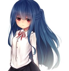 Rule 34 | 1girl, arm behind back, black skirt, blue hair, blush, braid, closed mouth, collared shirt, commentary request, dress shirt, hair between eyes, hot kakigoori, idolmaster, idolmaster cinderella girls, long hair, neck ribbon, one side up, pleated skirt, red eyes, red ribbon, ribbon, sajo yukimi, shirt, simple background, sketch, skirt, smile, solo, white background, white shirt, wing collar
