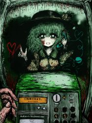 Rule 34 | 1girl, black hat, blood, blood on clothes, blood on face, blood on hands, blood splatter, blouse, bow, buttons, commentary request, corded phone, diamond button, eyeball, frilled shirt collar, frilled sleeves, frills, green eyes, green hair, hair between eyes, hat, hat bow, hat ribbon, heart, heart of string, holding, holding phone, horror (theme), komeiji koishi, long sleeves, looking at viewer, medium hair, open mouth, phone, phone booth, ribbon, shirt, smile, solo, sushi yuusha toro, third eye, touhou, upper body, wavy hair, wide sleeves, yellow bow, yellow ribbon, yellow shirt