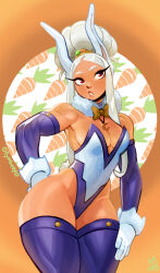 Rule 34 | 1girl, alternate hairstyle, animal ears, bare shoulders, boku no hero academia, bow, bowtie, breasts, carrot hair ornament, carrot print, crescent, crescent necklace, dark-skinned female, dark skin, detached sleeves, eymbee, food-themed hair ornament, food print, fur collar, gloves, hair bun, hair ornament, hand on own hip, hand on own thigh, jewelry, large breasts, leotard, long eyelashes, long hair, looking up, mirko, necklace, orange background, parted bangs, parted lips, purple sleeves, purple thighhighs, rabbit ears, rabbit girl, rabbit tail, red eyes, solo, strapless, strapless leotard, tail, thick thighs, thighhighs, thighs, toned, traditional bowtie, twitter username, white gloves, white hair, white leotard, wide hips, yellow bow, yellow bowtie