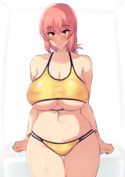Rule 34 | 1girl, absurdres, arm support, bare shoulders, bikini, blush, braid, breasts, cleavage, closed mouth, curvy, fate/grand order, fate (series), florence nightingale (chaldea lifesavers) (fate), florence nightingale (fate), hair between eyes, highres, large breasts, long hair, looking at viewer, low tied hair, mon (manarestra), navel, pink hair, red eyes, simple background, single braid, skindentation, solo, swimsuit, thick thighs, thighs, underboob, very long hair, wide hips, yellow bikini