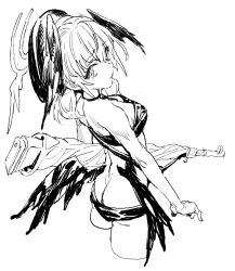 Rule 34 | 1girl, bikini, blue archive, bolt action, breasts, cropped legs, feathered wings, from behind, greyscale, gun, hair wings, halo, hat, holding, holding weapon, koharu (blue archive), koharu (swimsuit) (blue archive), low wings, monochrome, nobita (makoto7060355), official alternate costume, p14 enfield, rifle, small breasts, solo, swimsuit, weapon, wings