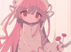 Rule 34 | 1girl, apron, bare shoulders, blurry, blurry background, bow, bowtie, choker, closed mouth, daizu (melon-lemon), detached sleeves, flower, hair ribbon, holding, holding knife, knife, long hair, looking at viewer, maid headdress, original, pink choker, pink eyes, pink flower, pink hair, pink ribbon, ribbon, shirt, sidelocks, sleeveless, sleeveless shirt, solo, two side up, upper body, waist apron, white apron, white bow, white bowtie, white shirt, white sleeves
