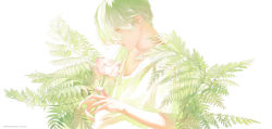 Rule 34 | 1boy, flower, green hair, leaf, lotus, male focus, open mouth, original, re degrees (red flagship), shirt, simple background, solo, t-shirt, upper body, watermark, web address, white background, yellow eyes
