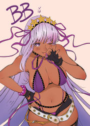 Rule 34 | &gt;:p, 1girl, bare shoulders, bb (fate), bb (fate) (all), bb (swimsuit mooncancer) (fate), bb (swimsuit mooncancer) (second ascension) (fate), bead bracelet, beads, belt, bikini, black garter belt, black gloves, black shorts, black thighhighs, blush, bracelet, breasts, character name, cleavage, closed mouth, collarbone, dark-skinned female, dark skin, fate/grand order, fate (series), fellatio gesture, fingerless gloves, garter belt, gloves, gyaru, hair ornament, hair ribbon, hairband, highleg, highleg bikini, highres, jewelry, large breasts, leaning forward, long hair, looking at viewer, loose belt, micro shorts, my-cooma, navel, neck ribbon, ok sign, one eye closed, purple bikini, purple eyes, purple hair, ribbon, shorts, simple background, smile, solo, star (symbol), star hair ornament, studded garter belt, swimsuit, tan, thighhighs, tongue, tongue out, very long hair, white belt