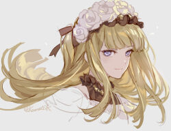 Rule 34 | 1girl, alternate costume, alternate hairstyle, artist name, black bow, blonde hair, blunt bangs, bow, cagliostro (granblue fantasy), commentary request, cropped shoulders, dress, floating hair, frilled dress, frilled shirt collar, frills, from side, granblue fantasy, head wreath, headband, long hair, looking at viewer, pota (bluegutty), signature, sketch, solo, twitter username