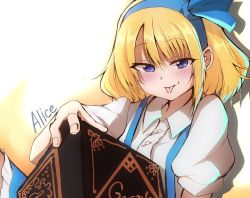Rule 34 | 1girl, alice margatroid, alice margatroid (pc-98), blonde hair, blouse, blue eyes, blue hairband, book, buttons, character name, closed mouth, collared shirt, hairband, highres, holding, holding book, looking at viewer, shinmon akika, shirt, short hair, short sleeves, simple background, solo, suspenders, tongue, tongue out, touhou, touhou (pc-98), white background, white shirt