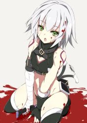Rule 34 | 1girl, bandaged arm, bandages, black gloves, black panties, black thighhighs, blood, blood splatter, boots, breasts, cat tail, cleavage, cleavage cutout, clothing cutout, elbow gloves, fate/apocrypha, fate (series), fingerless gloves, gloves, green eyes, jack the ripper (fate/apocrypha), kneeling, mutou kurihito, open mouth, panties, scar, short hair, silver hair, single glove, small breasts, solo, string panties, tail, tail wagging, tattoo, thigh boots, thighhighs, underwear, weapon