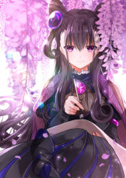 Rule 34 | 1girl, blurry, blurry foreground, blush, breasts, brown hair, calligraphy brush, closed mouth, commentary request, cone hair bun, depth of field, dress, fate/grand order, fate (series), fingernails, flower, hair between eyes, hair bun, hair ornament, highres, holding, holding paintbrush, iroha (shiki), juliet sleeves, large breasts, long hair, long sleeves, murasaki shikibu (fate), paintbrush, pink flower, puff and slash sleeves, puffy sleeves, purple eyes, ribbon-trimmed dress, ribbon trim, sidelocks, smile, solo, two side up, very long hair