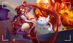 Rule 34 | 1girl, absurdres, alternate costume, alternate hair color, alternate hairstyle, bare shoulders, belt, black gloves, black thighhighs, bow, breasts, earrings, elbow gloves, fingerless gloves, gloves, hair ornament, highres, jewelry, jinx (league of legends), kuro (league of legends), league of legends, lipstick, long hair, magical girl, makeup, red bow, red eyes, red hair, red lips, red neckwear, shiro (league of legends), short shorts, shorts, star guardian (league of legends), star guardian jinx, thighhighs, twintails, very long hair