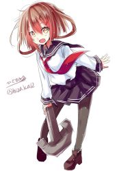Rule 34 | 10s, 1girl, anchor, anchor symbol, black pantyhose, black skirt, blush, brown footwear, brown hair, eyebrows, fang, full body, hair between eyes, hair ornament, hairclip, highres, hizaka, holding, ikazuchi (kancolle), kantai collection, leaning forward, long sleeves, looking at viewer, necktie, open mouth, pantyhose, pleated skirt, red necktie, school uniform, serafuku, shoes, short hair, simple background, skirt, smile, solo, standing, twitter username, white background, yellow eyes