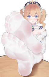 Rule 34 | 1girl, barbara (genshin impact), blonde hair, blue eyes, detached collar, feet, foot focus, foreshortening, genshin impact, hair between eyes, long hair, looking at viewer, pantyhose, see-through, see-through legwear, simple background, smile, soles, solo, table, toes, twintails, wd (1106592840), white background, white pantyhose, wooden table