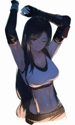 Rule 34 | 1girl, armpits, arms up, bare shoulders, belt, black gloves, black hair, black skirt, breasts, cleavage, closed mouth, collarbone, elbow gloves, elbow pads, final fantasy, final fantasy vii, final fantasy vii remake, fingerless gloves, gloves, highres, isshiki (ffmania7), large breasts, long hair, looking at viewer, low-tied long hair, navel, one eye closed, red eyes, simple background, skirt, smile, solo, suspender skirt, suspenders, swept bangs, tank top, tifa lockhart, white background, white tank top
