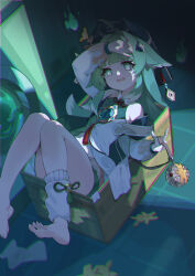 Rule 34 | 1girl, absurdres, ahoge, animal ears, arm up, bare shoulders, barefoot, blunt bangs, box, chromatic aberration, detached sleeves, dtd xy, feet, fox ears, green eyes, green hair, hat, highres, honkai: star rail, honkai (series), huohuo (honkai: star rail), in box, in container, leg warmers, long hair, lying, midriff peek, on back, open mouth, shorts, soles, tail (honkai: star rail), talisman, tearing up