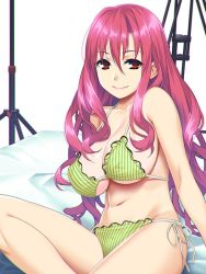 Rule 34 | 1girl, arm support, bikini, breasts, character request, commentary request, frilled bikini, frills, green bikini, hair between eyes, halterneck, ino (magloid), large breasts, long hair, looking at viewer, navel, on bed, pink hair, red eyes, side-tie bikini bottom, sideboob, sitting, smile, solo, string bikini, striped bikini, striped clothes, swimsuit, underboob, very long hair, wavy hair, white background