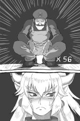 Rule 34 | 1boy, blush, bowsette, closed mouth, comic, earrings, facial hair, gloves, greyscale, hat, highres, jewelry, kouson q, looking away, mario, mario (series), monochrome, mustache, new super mario bros. u deluxe, nintendo, overalls, ponytail, silent comic, squatting, staring, super crown, sweatdrop