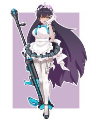 Rule 34 | 1girl, absurdres, adjusting clothes, adjusting gloves, anti-materiel rifle, apron, black footwear, black hair, blue archive, blue bow, blue bowtie, bow, bowtie, commentary, concha (mamecha), dark-skinned female, dark skin, full body, gloves, gun, hair between eyes, halo, high heels, highres, holding, holding gun, holding weapon, karin (blue archive), long hair, looking at viewer, maid, maid apron, maid headdress, mouth hold, numbered, pantyhose, rifle, short sleeves, sidelocks, simple background, sniper rifle, solo, weapon, white gloves, white pantyhose, yellow eyes