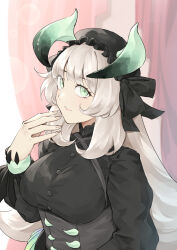Rule 34 | 1girl, absurdres, black dress, black headwear, blurry, blurry background, breasts, chamber dragonmaid, dragon girl, dragon horns, dress, green eyes, highres, horns, large breasts, long hair, looking at viewer, maid, meshida (lux-far-accelerator), solo, upper body, white hair, yu-gi-oh!