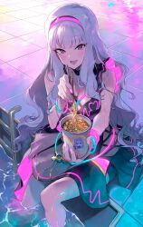 Rule 34 | 1girl, absurdres, bare arms, bikini, black bikini, black dress, blush, bracelet, brand name imitation, breasts, chopsticks, collarbone, commentary, cup, dress, eyelashes, feet out of frame, fingernails, grey hair, hairband, highres, holding, holding chopsticks, holding cup, idolmaster, idolmaster (classic), idolmaster million live!, jewelry, large breasts, long eyelashes, long hair, looking at viewer, midnamana, nail polish, neon trim, nissin cup noodle, open mouth, pink dress, pink eyes, pink hairband, pink nails, pool, pool ladder, poolside, purple pupils, refraction, shijou takane, sitting, smile, soaking feet, solo, sweatdrop, swimsuit, tile floor, tiles, triangle mouth, two-sided dress, two-sided fabric, two-tone dress, very long hair, wavy hair, wet