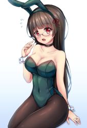 Rule 34 | 1girl, animal ears, bare shoulders, black pantyhose, blue leotard, blush, breasts, brown hair, choker, choukai (kancolle), choukai kai ni (kancolle), cleavage, detached collar, fake animal ears, glasses, hair ornament, jewelry, kantai collection, large breasts, leotard, long hair, open mouth, pantyhose, playboy bunny, rabbit ears, red eyes, rimless eyewear, ring, shokuane, sitting, solo, strapless, strapless leotard, wedding ring, white background, wrist cuffs