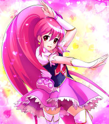 Rule 34 | 10s, 1girl, aino megumi, arm up, bike shorts, bike shorts under skirt, bow, cure lovely, earrings, happinesscharge precure!, heart, highres, jewelry, long hair, magical girl, multicolored background, pink bow, pink eyes, pink hair, pink skirt, ponytail, precure, shorts, shorts under skirt, skirt, smile, solo, thighhighs, ultramarimo, white thighhighs, wide ponytail, wrist cuffs