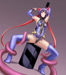 Rule 34 | 1girl, armpits, bare shoulders, bdsm, blue footwear, bondage, boots, bound, breasts, high heels, highres, kagano ai, leotard, mahou shoujo ai, metadora, purple hair, red eyes, shoes, sideboob, solo, spread legs, tentacles, thighhighs, torn clothes