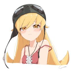 Rule 34 | 1girl, 2022, absurdres, aviator cap, blonde hair, blush, closed mouth, collarbone, dress, eyes visible through hair, frown, highres, jewelry, long hair, looking at viewer, monogatari (series), necklace, off shoulder, oshino shinobu, red dress, simple background, solo, upper body, white background, yellow eyes, yo na