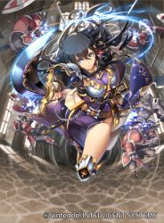Rule 34 | 1girl, armor, ayra (fire emblem), belt, black hair, breastplate, company name, copyright name, dress, fingerless gloves, fire emblem, fire emblem: genealogy of the holy war, fire emblem cipher, full body, gloves, holding, holding sword, holding weapon, i-la, indoors, long hair, nintendo, purple dress, purple eyes, shoulder armor, sword, thighs, weapon