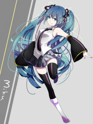 Rule 34 | 1girl, aqua eyes, aqua hair, boots, character name, detached sleeves, hatsune miku, long hair, looking at viewer, necktie, otojirou, skirt, solo, thighhighs, twintails, very long hair, vocaloid