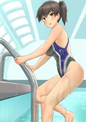 Rule 34 | 1girl, :d, adapted costume, alternate costume, bad id, bad pixiv id, bare legs, bare shoulders, barefoot, blush, breasts, brown eyes, brown hair, competition swimsuit, covered navel, hair between eyes, highres, indoors, kaga (kancolle), kantai collection, large breasts, looking at viewer, one-piece swimsuit, open mouth, osananajimi neko, pool, pool ladder, rei no pool, revision, short hair, side ponytail, skin tight, smile, solo, swimsuit, wet