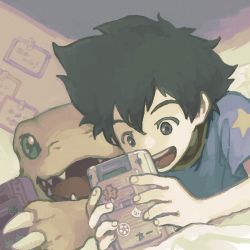 Rule 34 | 1boy, agumon, artist request, bad id, bad twitter id, digimon, digimon (creature), dinosaur, fang, game boy, game boy (original), game cartridge, handheld game console, highres, holding, holding handheld game console, looking at object, male focus, smile, teeth, yagami taichi