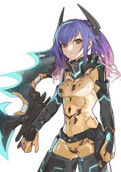Rule 34 | 1girl, arm blade, bad id, bad twitter id, blade, blue hair, brown eyes, closed mouth, covered navel, glowing, glowing weapon, gradient hair, highres, long hair, multicolored hair, nao (syn eaa), phantasy star, phantasy star online 2, purple hair, quna (pso2), simple background, solo, weapon, white background