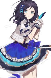 Rule 34 | 1girl, aiba uiha, black hair, blue eyes, blush, bow, braid, braided bangs, hair bow, hair ornament, highres, long hair, looking at viewer, mole, mole under eye, nijisanji, short hair, simple background, smile, solo, unuppya, virtual youtuber, white background