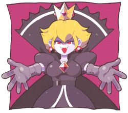 Rule 34 | blonde hair, breasts, cape, crown, dress, earrings, elbow gloves, fangs, gloves, high collar, inkerton-kun, jewelry, looking at viewer, mario (series), nintendo, outstretched arms, paper mario, paper mario: the thousand year door, princess peach, purple dress, purple gloves, red eyes, shadow queen, smile, solo, super mario bros. 1