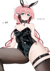 Rule 34 | 1girl, absurdres, ahoge, alternate breast size, animal ears, asymmetrical legwear, bare shoulders, black hair, black leotard, black thighhighs, blush, breasts, chain, chain leash, cleavage, collar, collarbone, dated, fake animal ears, green eyes, hair between eyes, hair ribbon, highres, ikaros, leash, leotard, long hair, looking at viewer, medium breasts, multicolored hair, pantyhose, parted lips, pink hair, playboy bunny, rabbit ears, red ribbon, ribbon, robot ears, signature, simple background, solo, sora no otoshimono, streaked hair, thigh strap, thighhighs, twintails, white background, xiezui