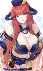 Rule 34 | 1girl, :p, absurdres, arknights, bagpipe (arknights), bagpipe (queen no. 1) (arknights), bare shoulders, black gloves, blue headwear, blue shorts, blush, breasts, cleavage, commentary, crop top, fingerless gloves, gloves, highres, horns, kanta (kanta 077), large breasts, long hair, looking at viewer, midriff, navel, official alternate costume, orange hair, purple eyes, short shorts, shorts, single thighhigh, smile, solo, stomach, thigh strap, thighhighs, thighs, tongue, tongue out, very long hair, white thighhighs
