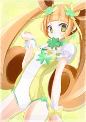 Rule 34 | adapted costume, brooch, brown hair, clover, cure rosetta, dokidoki! precure, dorasan, four-leaf clover, heart, heart brooch, highres, leotard, long hair, mouth hold, precure, solo, twintails, yellow eyes, yotsuba alice