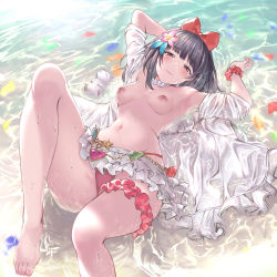 Rule 34 | 1girl, aldehyde, armpits, arms up, bikini, black hair, blush, bow, breasts, bridal garter, choker, closed mouth, collarbone, flower, frilled choker, frills, granblue fantasy, hair bow, hair flower, hair ornament, highres, knee up, legs, looking at viewer, lying, microskirt, mouse (animal), navel, nipples, on back, red bow, red eyes, shore, short hair, skirt, small breasts, swimsuit, thighs, topless, vikala (blooming summer wallflower) (granblue fantasy), vikala (granblue fantasy), water, wet