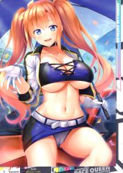 Rule 34 | 1girl, absurdres, aikawa tatsuki, artist name, blue eyes, blush, breasts, cameltoe, cleavage, confetti, day, gloves, highres, jacket, large breasts, looking at viewer, midriff, miniskirt, navel, open mouth, orange hair, outdoors, page number, panties, pencil skirt, race queen, scan, skirt, smile, solo, stomach, toranoana, twintails, umbrella, underwear, white gloves