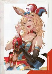 Rule 34 | 1girl, absurdres, ahoge, animal ear fluff, animal ears, bare shoulders, blonde hair, braid, breasts, choker, clothing cutout, collarbone, dress, fingernails, fox ears, fox girl, fox tail, gloves, hair ornament, hat, highres, hololive, jester cap, kakage, lips, long hair, looking at viewer, medium breasts, mini hat, nail polish, navel, navel cutout, omaru polka, omaru polka (1st costume), open mouth, page number, pink hair, ribbon, scan, short dress, simple background, single glove, sleeveless, smile, striped, tail, teeth, upper body, upper teeth only, vertical stripes, virtual youtuber, x hair ornament