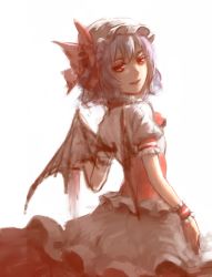 Rule 34 | 1girl, bat wings, bow, frilled sleeves, frills, from behind, hat, hat bow, highres, looking at viewer, looking back, mob cap, puffy short sleeves, puffy sleeves, purple hair, red bow, red eyes, remilia scarlet, sarie (zyy842434511), short hair, short sleeves, simple background, sketch, solo, touhou, white background, wings, wrist cuffs
