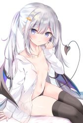 Rule 34 | 1girl, black panties, closed mouth, collarbone, commentary request, demon girl, demon tail, demon wings, flat chest, hair between eyes, hair ornament, heart, heart tail, highres, jewelry, long hair, long sleeves, looking at viewer, masayo (gin no ame), navel, necklace, no bra, open clothes, open shirt, original, panties, purple eyes, see-through, shirt, side-tie panties, sleeves past wrists, solo, tail, thighhighs, twintails, underwear, white background, white hair, white shirt, wings