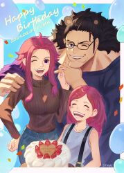 Rule 34 | 1boy, 2girls, animal ears, artist name, bartholomew kuma, bear ears, black hair, blush, brown sweater, cake, character name, confetti, dated, denim, family, food, fruit, ginny (one piece), glasses, hand on own hip, happy birthday, highres, holding, holding hands, holding plate, jeans, jewelry bonney, looking at viewer, multiple girls, one eye closed, one piece, pants, pink hair, plate, sideburns, sidelocks, smile, stnutt, strawberry, strawberry shortcake, suspenders, sweater, sweater tucked in, vertical-striped sweater