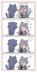 Rule 34 | ..., 2girls, 4koma, absurdres, angry, animal ears, annoyed, asymmetrical clothes, black choker, blush, cat ears, cat tail, choker, closed eyes, closed mouth, comic, crossed arms, dual persona, fu hua, fu hua (azure empyrea), fu hua (herrscher of sentience), fu hua (taixuan impression), grey hair, hand on own hip, highres, holding hands, honkai (series), honkai impact 3rd, long hair, looking at another, meowing, multiple girls, official alternate costume, open mouth, red eyes, tail, teeth, upper teeth only, v-shaped eyebrows, zva 41