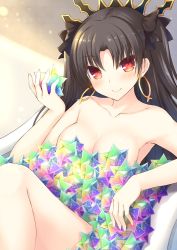 Rule 34 | 1girl, arm rest, armpits, bathtub, black hair, black ribbon, blush, breasts, cleavage, closed mouth, collarbone, convenient censoring, earrings, eyes visible through hair, fate/grand order, fate (series), gem, hair ribbon, hand up, head tilt, holding, holding gem, hoop earrings, ishtar (fate), jewelry, knee up, light, lips, long hair, looking at viewer, medium breasts, naughty face, neck, nude, parted bangs, red eyes, ribbon, saint quartz (fate), shiny skin, sitting, smile, solo, straight hair, taiki ken, thighs, tohsaka rin, two side up, type-moon