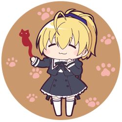 Rule 34 | 1girl, :3, = =, ahoge, andou tazusa, assault lily, black ribbon, black skirt, blonde hair, blood, blue ribbon, blush, brown background, cat, chibi, circle, closed mouth, commentary request, cropped jacket, facing viewer, frilled skirt, frills, hair between eyes, hair ribbon, hand on own chin, hands up, hemokinesis, high-waist skirt, juliet sleeves, long sleeves, lowres, masaki itsuki, miniskirt, neck ribbon, outstretched arm, paw print, paw print background, ponytail, puffy sleeves, ribbon, round image, school uniform, shirt, short hair, skirt, smile, solo, standing, thighhighs, transparent background, white shirt, white thighhighs, yurigaoka girls academy school uniform, zettai ryouiki